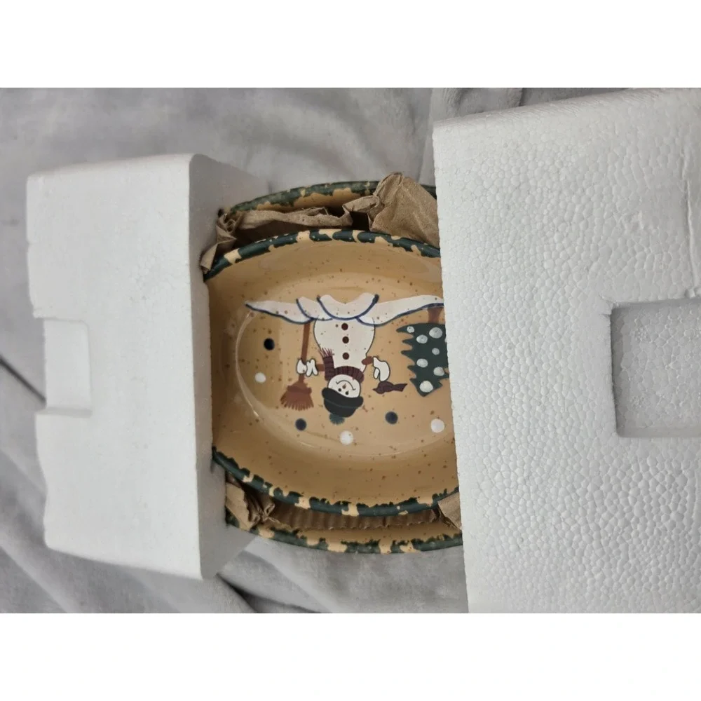 Nos Vtg Country Snowman Stoneware Oval Casserole Baking Dish Set 2 Pc Christmas